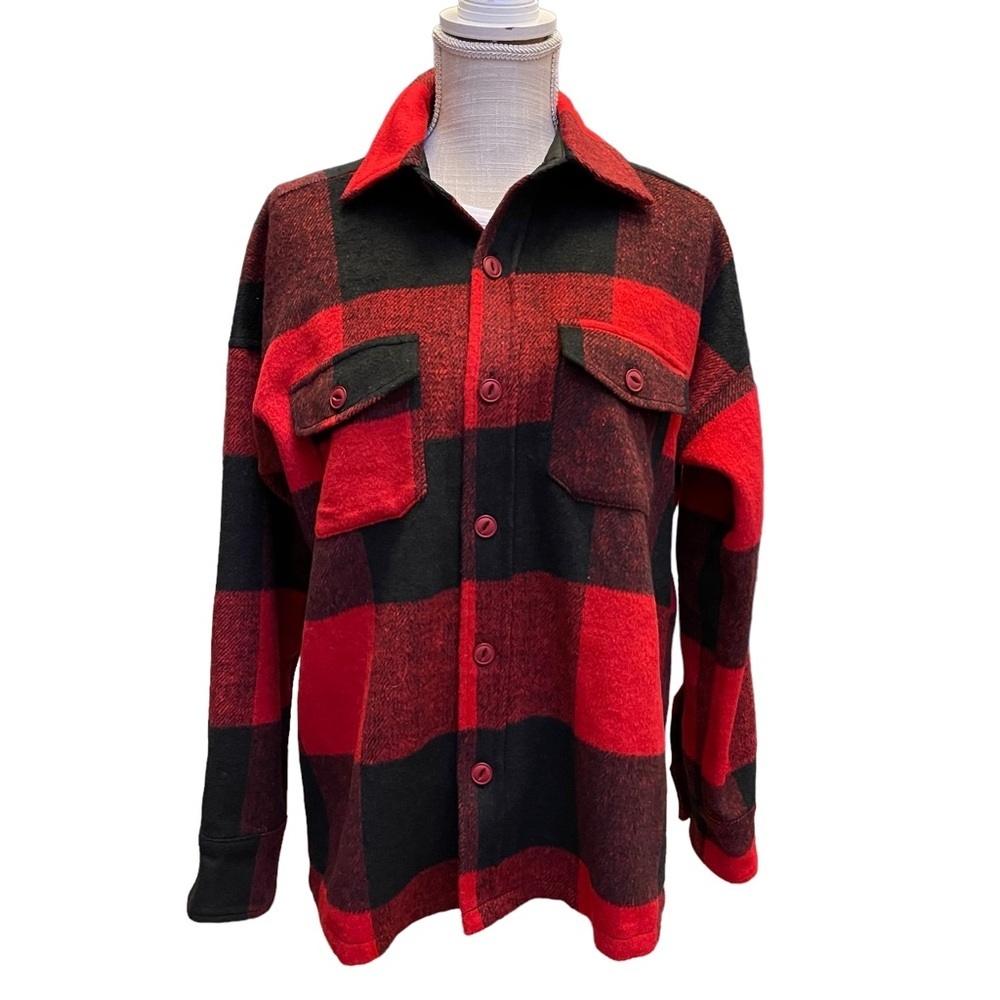 Sky to Moon‎ Oversize Red and Black Plaid Wool Blend Shacket Size: S